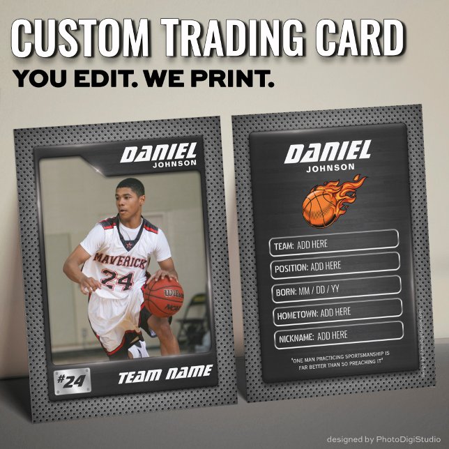 Graphite Basketball Trading Card, B-Baller Gifts Calling Card (Custom Basketball Trading Card, Black Graphite Player Card)