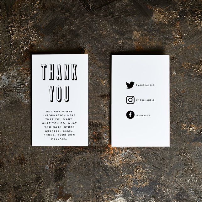 Gras et amusant merci carte de boîtier (Big bold 3D text "Thank you" insert card with black on white social media icons, details and message)