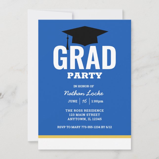 Gras Grad Royal Blue Graduation Party Invitation (Devant)