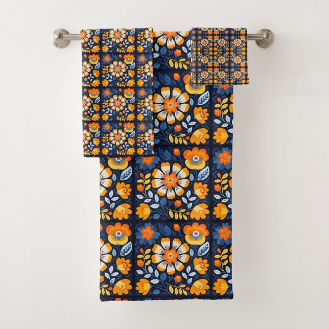 Gras Retro Floral Illustration en orange et bleu (En situation)