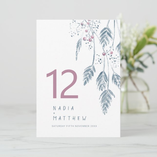 Grass berries fall wedding pink blue table number (Standing Front)