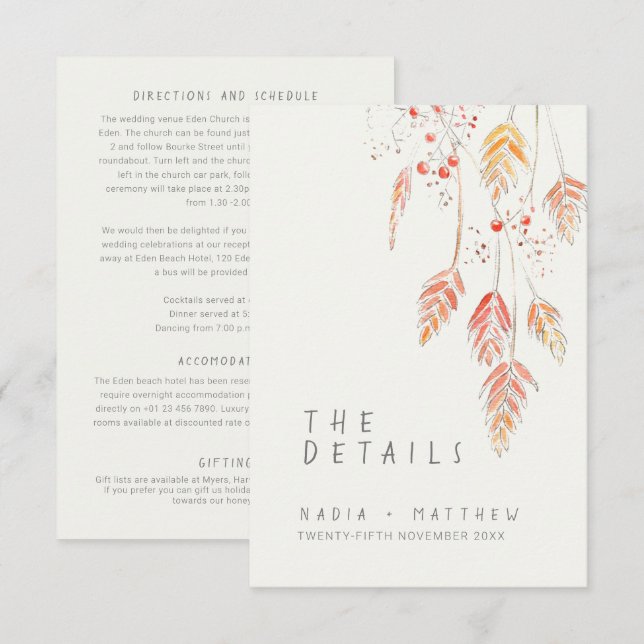 Grass berries watercolor fall wedding details enclosure card (Front/Back)