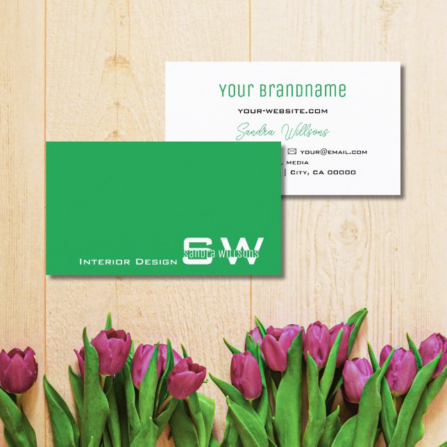 Grass Green and White Modern with Monogram Simple Business Card (Creator Uploaded)