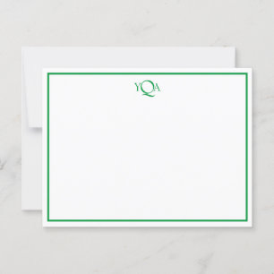 Grass Green and White Monogrammed Flat Note Postcard