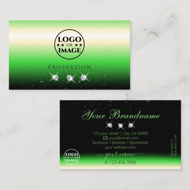 Grass Green Black Gradient Sparkle Jewels Add Logo Business Card (Front/Back)