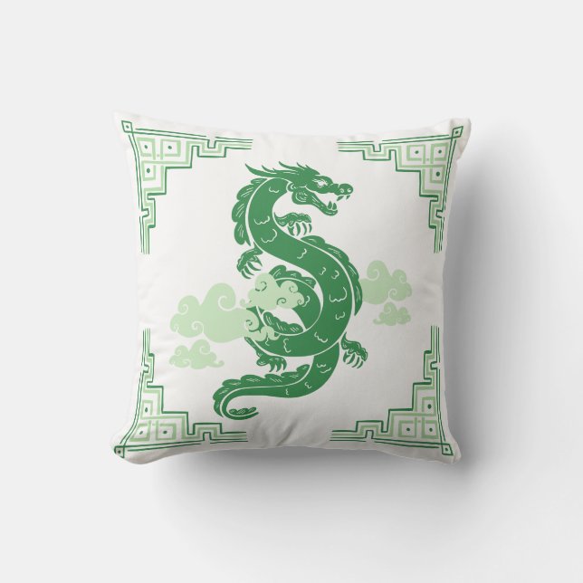 Grass Green Chinoiserie Dragon and Clouds Throw Pillow (Front)