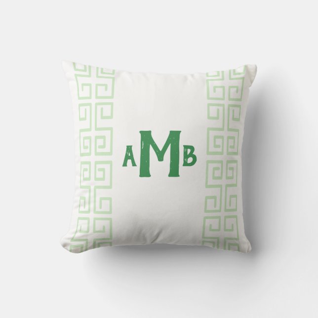 Grass Green Chinoiserie Greek Key Stripe Monogram Throw Pillow (Front)
