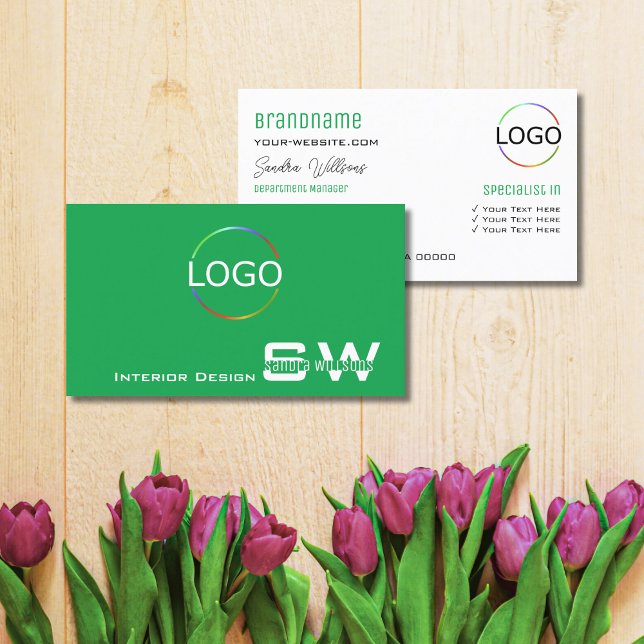 Grass Green Plain White with Monogram and Logo Business Card (Creator Uploaded)
