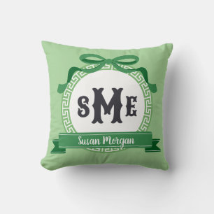 Grass Green Reverse Greek Key Bow Monogram Throw Pillow