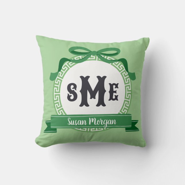 Grass Green Reverse Greek Key Bow Monogram Throw Pillow (Front)