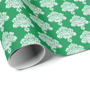 Grass Green White Damask Wrapping Paper