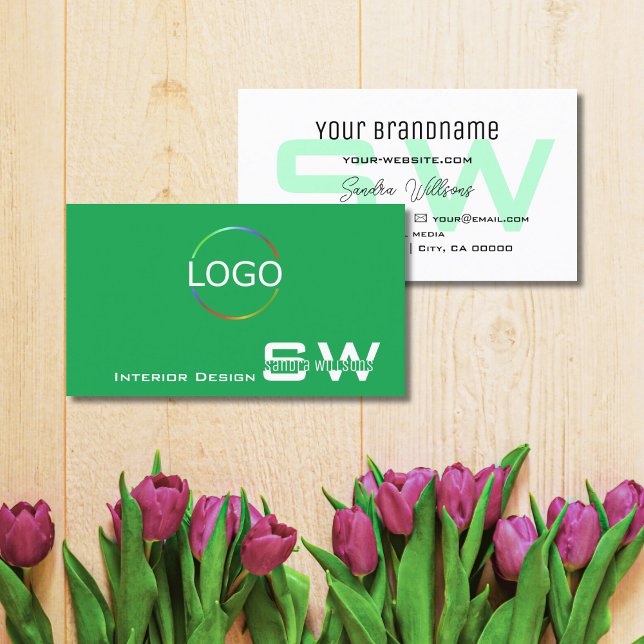 Grass Green White with Monogram and Logo Simple Business Card (Creator Uploaded)