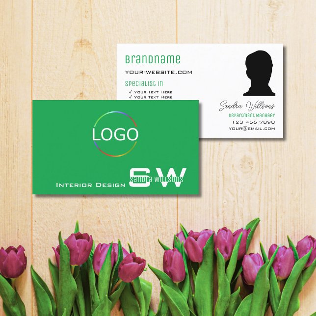 Grass Green White with Monogram Logo and Photo Business Card (Creator Uploaded)