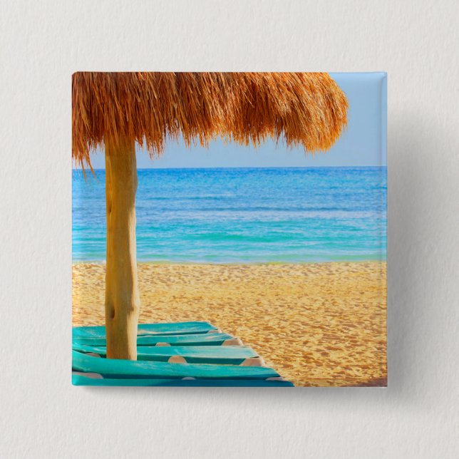 Grass Hut & Loungers On Beach 2 Inch Square Button (Front)