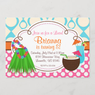 Grass Skirt and Coconut Drink, Luau Birthday Party Invitation