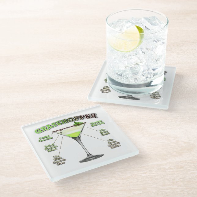 GRASSHOPPER Cocktail Recipe Art Glass Coaster (Angled)