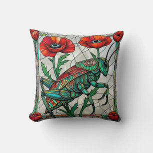 Grasshopper cricket stained glass poppy flower eye throw pillow