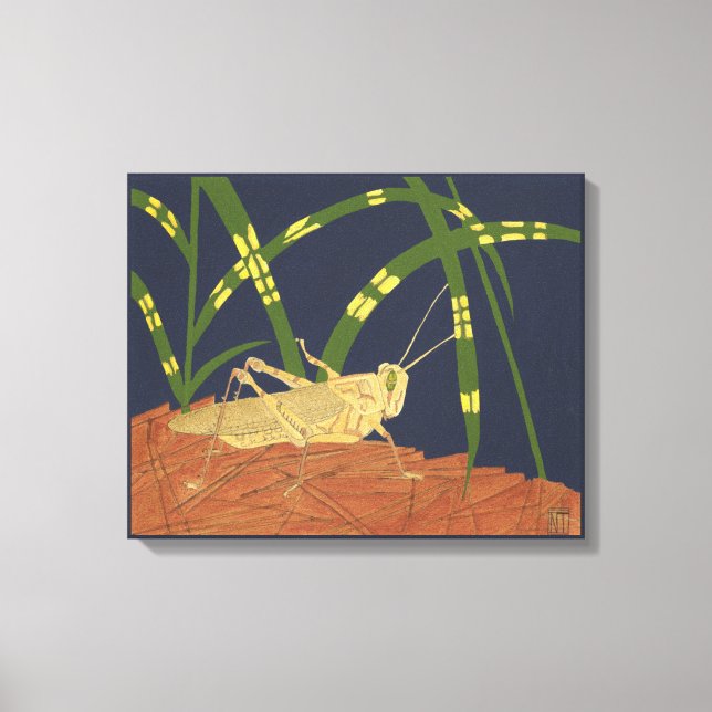 Grasshopper in Green Grass on Blue Background Canvas Print (Front)