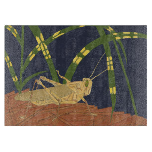 Grasshopper in Green Grass on Blue Background Cutting Board
