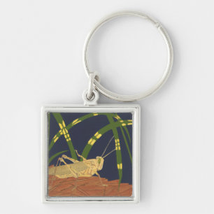 Grasshopper in Green Grass on Blue Background Keychain