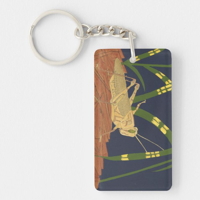 Grasshopper in Green Grass on Blue Background Keychain (Front)