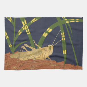 Grasshopper in Green Grass on Blue Background Kitchen Towel