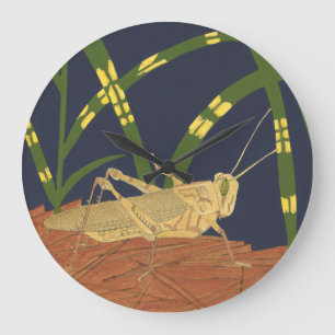 Grasshopper in Green Grass on Blue Background Large Clock