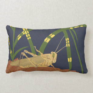Grasshopper in Green Grass on Blue Background Lumbar Pillow