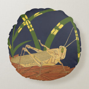 Grasshopper in Green Grass on Blue Background Round Pillow