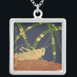 Grasshopper in Green Grass on Blue Background Silver Plated Necklace<br><div class="desc">The deep green of the grass in this painting merges perfectly with the blue background,  creating a feeling of evening in this piece by Nina Tenser. Both colours contrast with the pale of the grasshopper. Nature lovers should purchase this piece and place it on their favourite wall!</div>