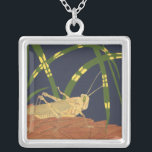 Grasshopper in Green Grass on Blue Background Silver Plated Necklace<br><div class="desc">The deep green of the grass in this painting merges perfectly with the blue background,  creating a feeling of evening in this piece by Nina Tenser. Both colours contrast with the pale of the grasshopper. Nature lovers should purchase this piece and place it on their favourite wall!</div>