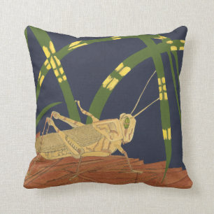 Grasshopper in Green Grass on Blue Background Throw Pillow