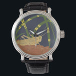 Grasshopper in Green Grass on Blue Background Watch<br><div class="desc">The deep green of the grass in this painting merges perfectly with the blue background,  creating a feeling of evening in this piece by Nina Tenser. Both colours contrast with the pale of the grasshopper. Nature lovers should purchase this piece and place it on their favourite wall!</div>