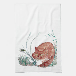 Grasshopper Teases the Kitten, Sumi-e Kitchen Towel