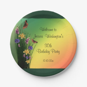 Grassy Bouquet And Butterflies Birthday Paper Plate