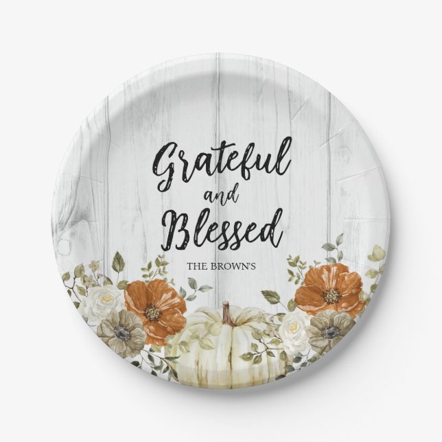 Grateful and Blessed Pumpkin Fall Thanksgiving  Paper Plate (Front)