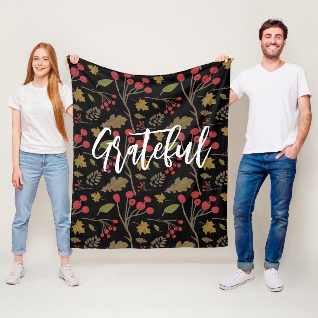 Grateful Autumn leaves foliage on black Fleece Blanket (In Situ)