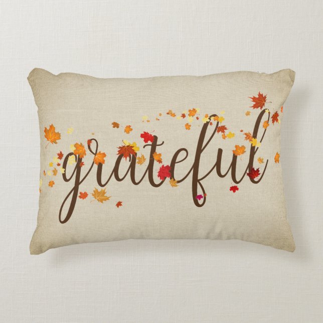 Grateful Autumn Leaves on Burlap  Accent Pillow (Front)