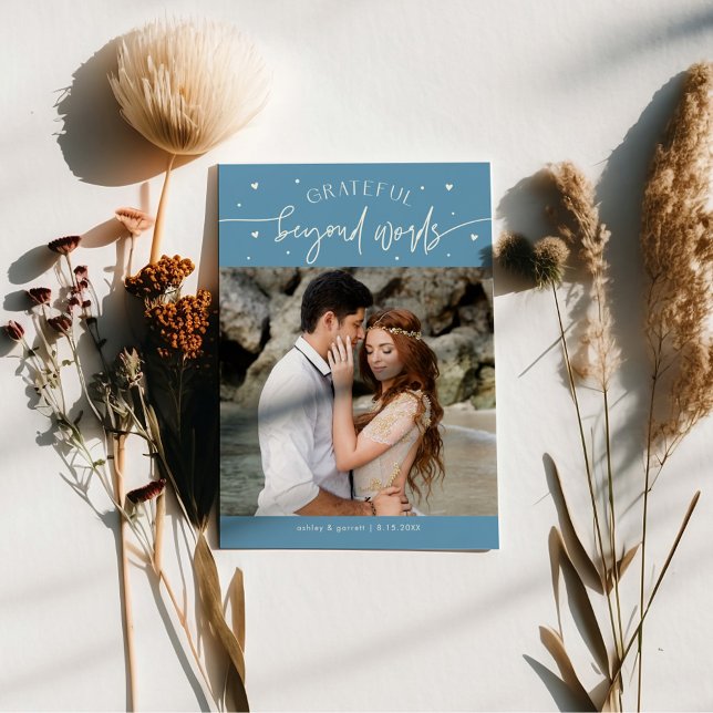 Grateful Beyond Words Wedding Photo Denim Blue Thank You Card (Creator Uploaded)