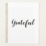 Grateful black white custom script text cute planner<br><div class="desc">Grateful black and white custom script calligraphy text modern cute elegant gratitude Planner.
wellness journal,  daily gratitude journal,  personal diary.
Customizable black text on plain solid colour background.
Colours are editable.

You can choose to leave it as is,  or personalize it with your name,  initials,  year,  etc</div>