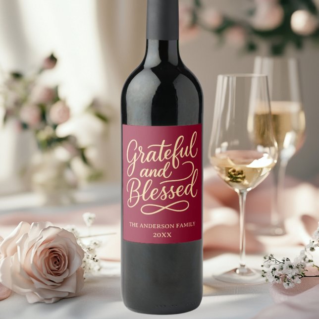 Grateful Blessed burgundy Thanksgiving Wine Label (Creator Uploaded)