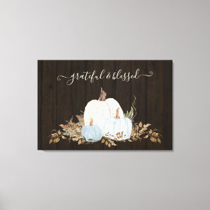 grateful blessed dusty blue white pumpkins foliage canvas print