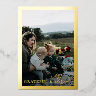 Grateful & Blessed Family Photo Collage Gold Foil Holiday Card