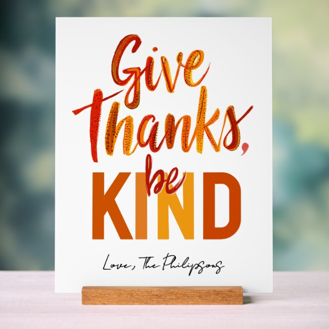 Grateful Blessed Give Thanks Fall Colourful Script Acrylic Sign (Neutral)