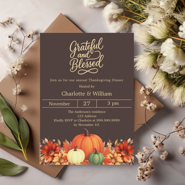 Grateful blessed pumpkin bistre Thanksgiving Invitation (Creator Uploaded)