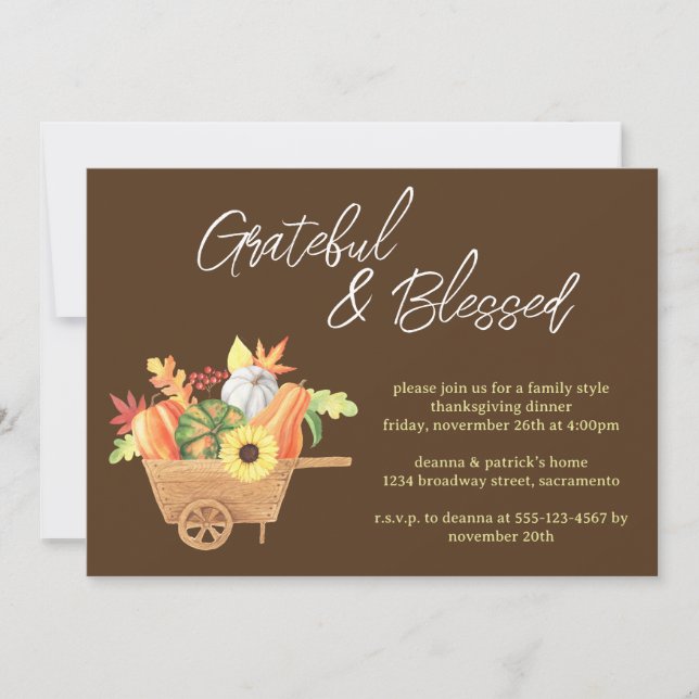 Grateful Blessed Pumpkin Wheelbarrow Thanksgiving Invitation (Front)