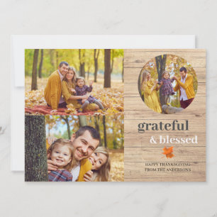 Grateful & Blessed Rustic Thanksgiving 3 Photo Holiday Card