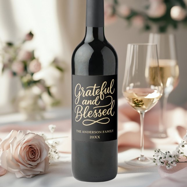 Grateful Blesses black Thanksgiving Dinner Party Wine Label (Creator Uploaded)