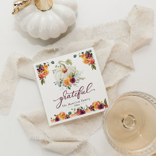 Grateful Burgundy Floral Pumpkin Thanksgiving Napkin