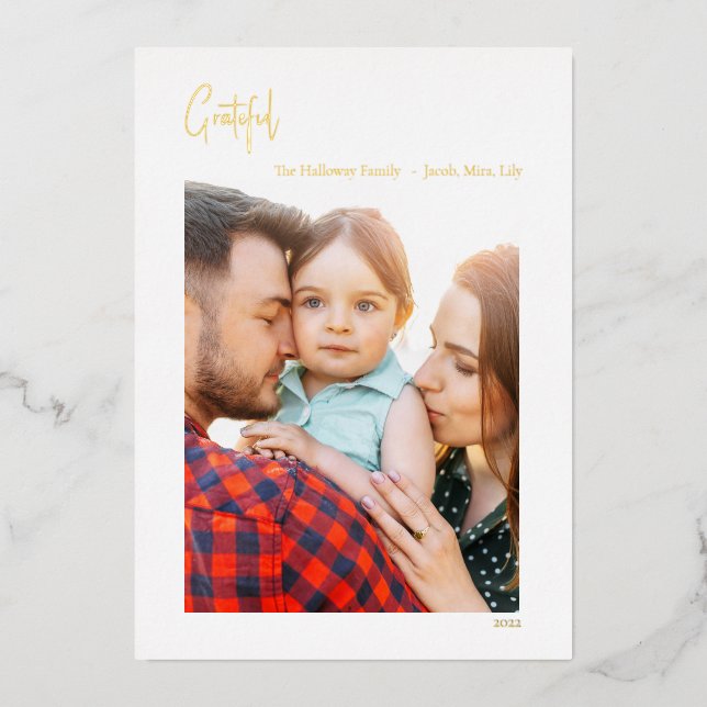 Grateful Christmas Vertical Single Photo Gold Foil Holiday Card (Front)